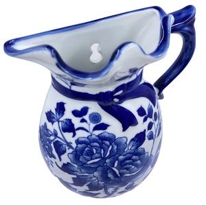 Floral Wall Pocket Blue & White Porcelain Hanging Pitcher Vase Home Decor 9.25"